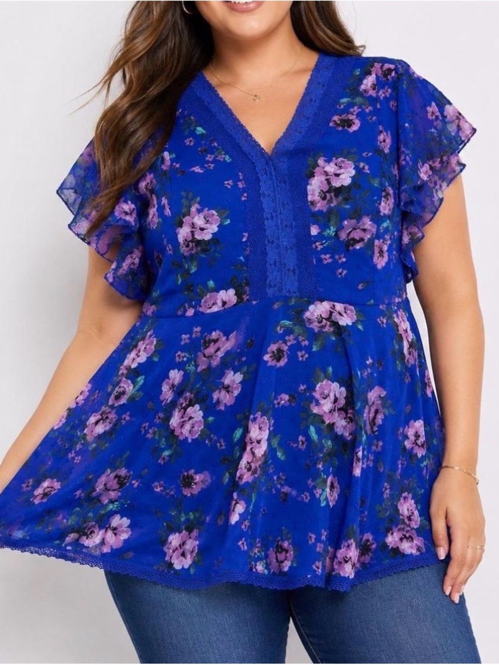 Torrid Blue Floral Peplum Chiffon Clip Dot Lace Inset Blouse Top Size 2 18/20 2X